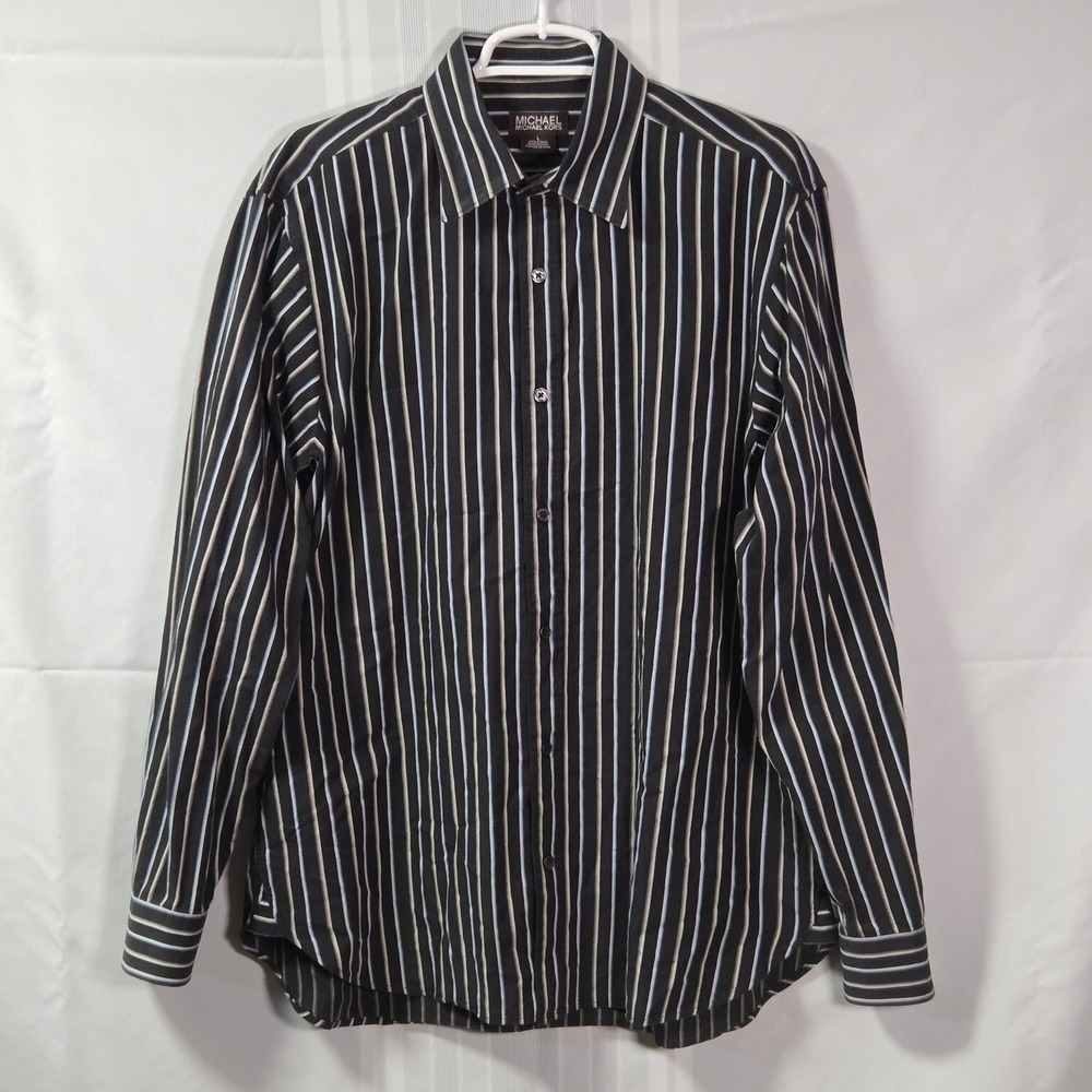 Michael Kors Button Down Mens L Black Striped Long Sleeve Cotton Shirt S131-15